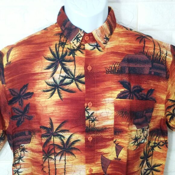 Vintage 80s Robinsons Red Bag Aloha Shirt -M Pocket SSL Vents Tropical Palm Tiki - Picture 4 of 11